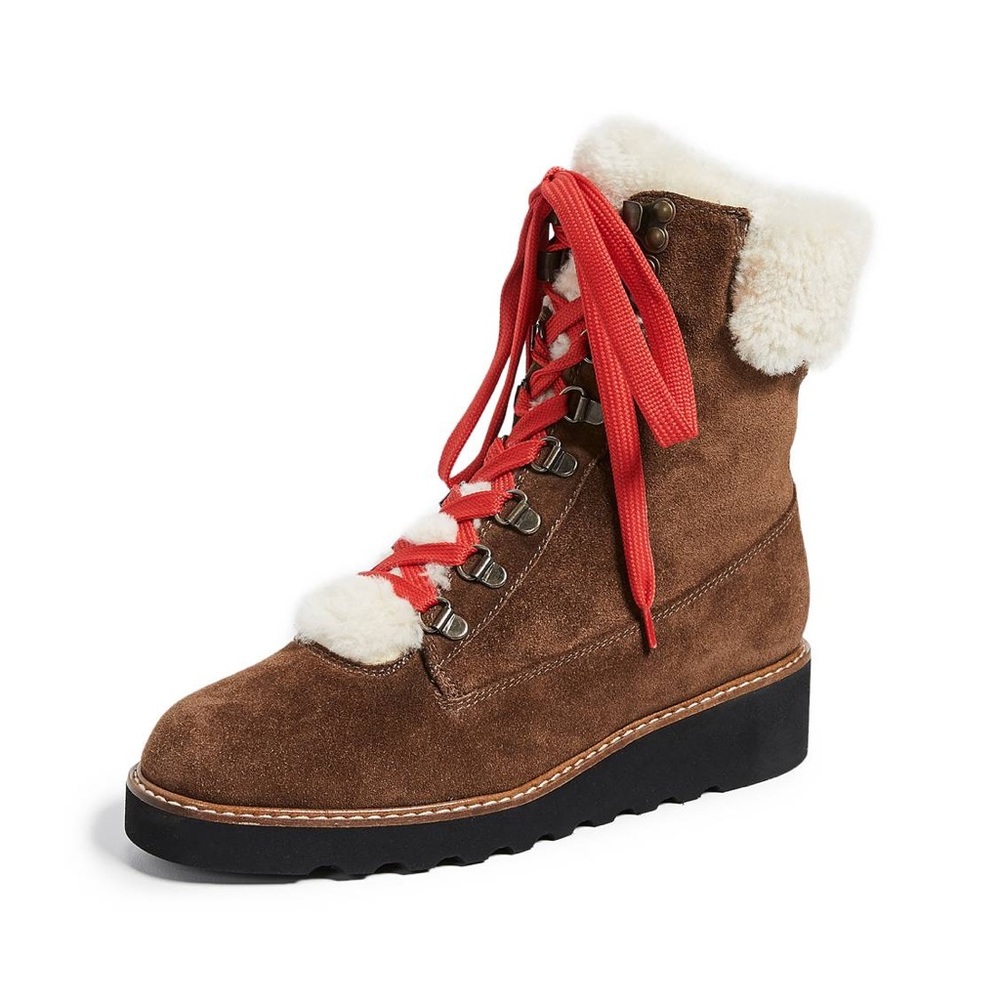 Veronica Beard Brown Suede Shearling Combat Boot with Red Laces